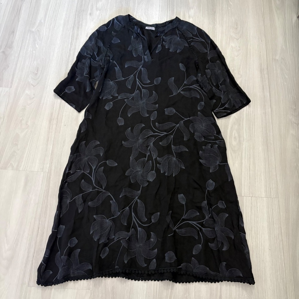 Puro Lino Women Dress Made in Italy Black Floral Linen Tunic Split Neck Trim L